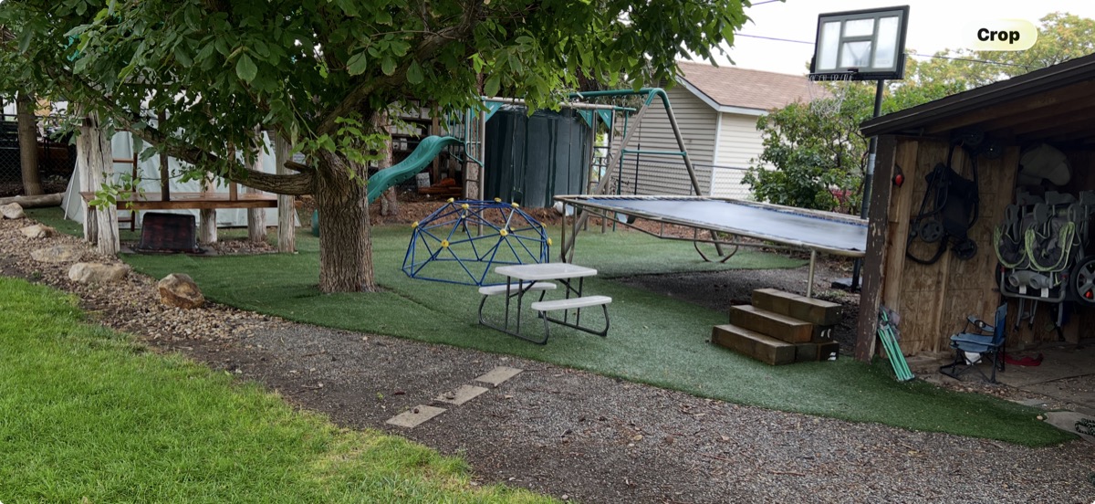 Astroturf backyard with trampoline