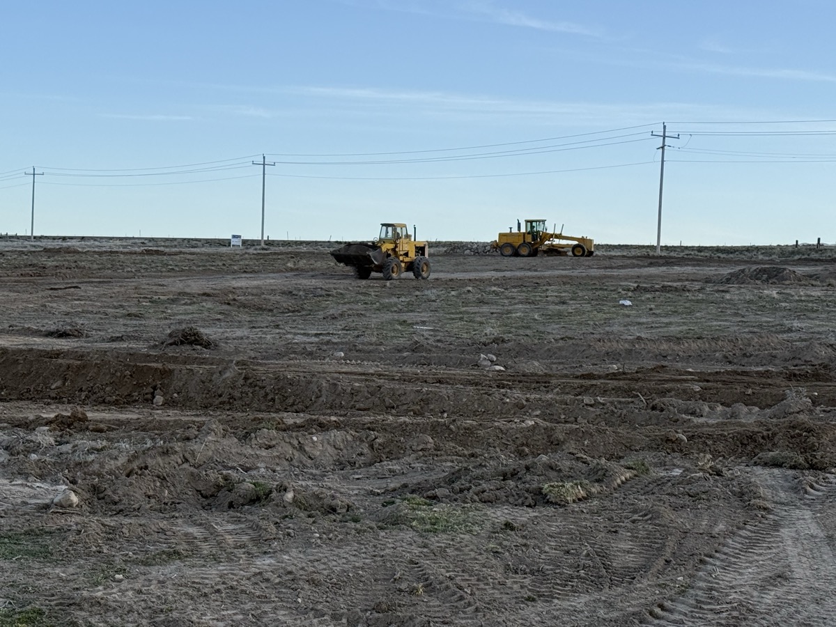 Land clearing with loader and grader at dusk